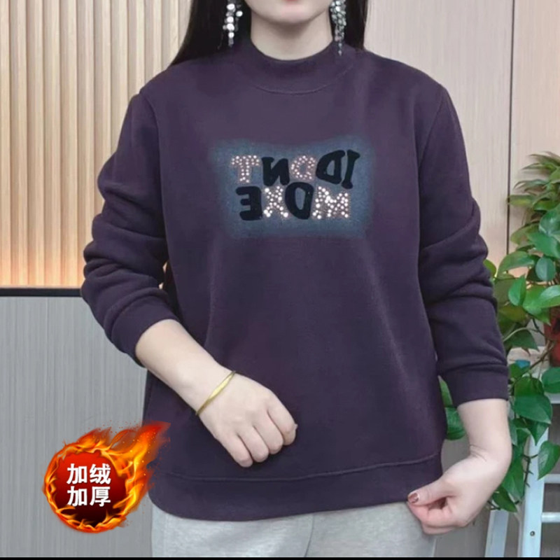 妈妈装休闲印花烫钻加绒圆领卫衣