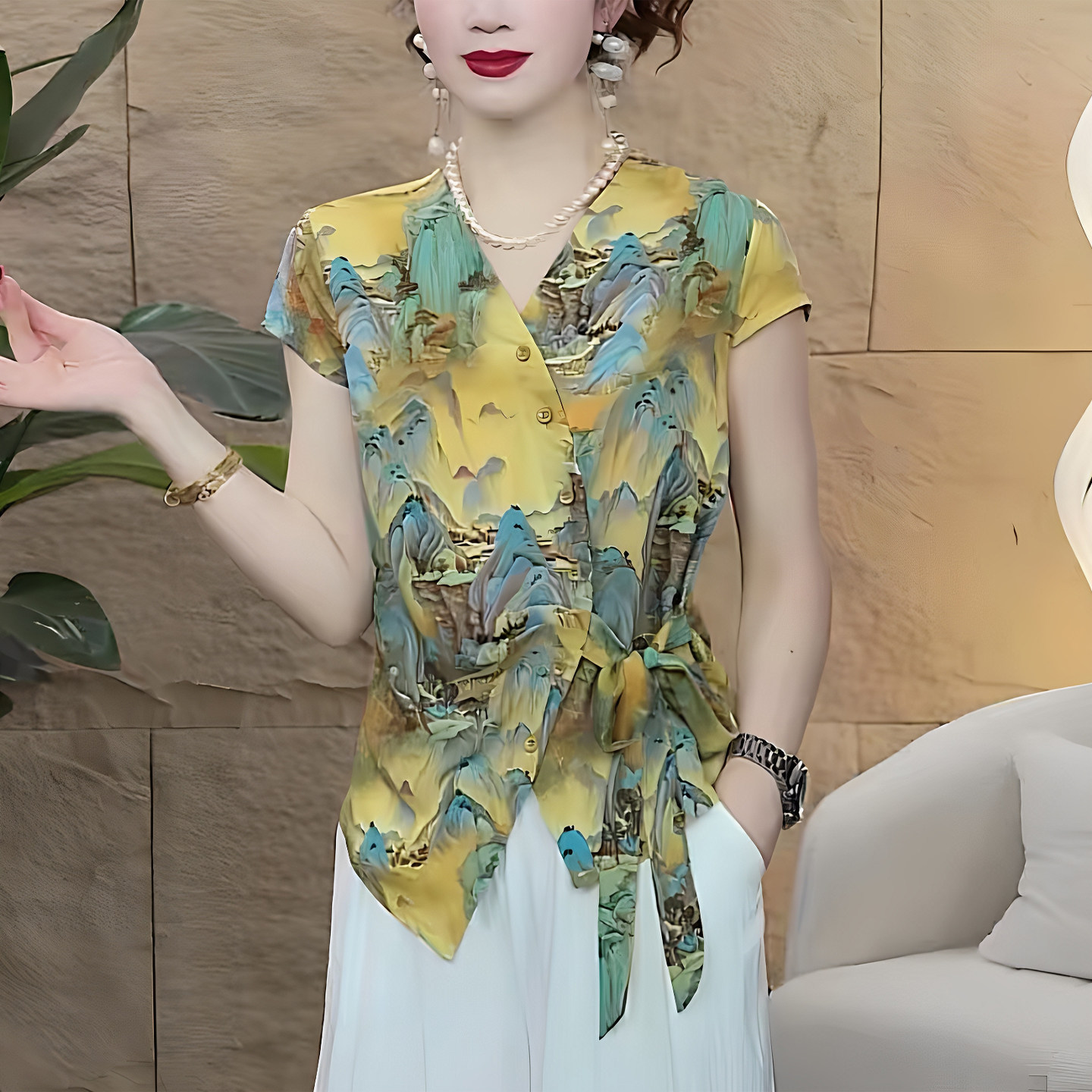 时尚女夏V领斜门襟水墨印花小衫