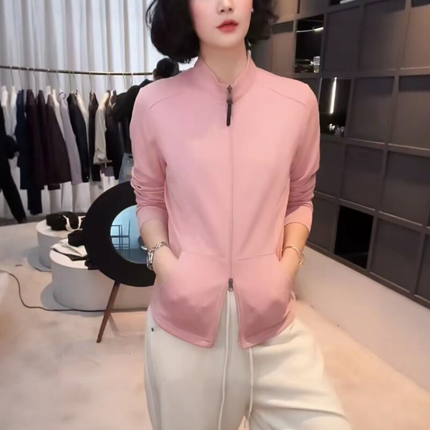妈妈装春季拉链立领纯色开衫外套上衣洋气女修身显瘦长袖女士卫衣