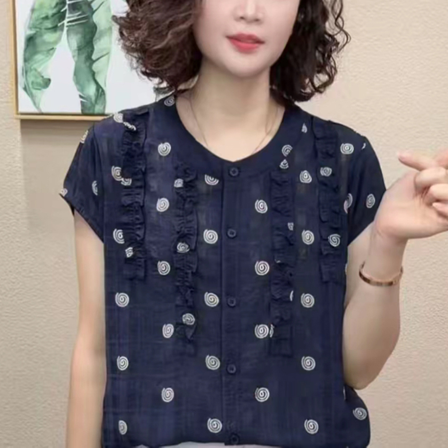 妈妈装夏季减龄波点短袖宽松T恤