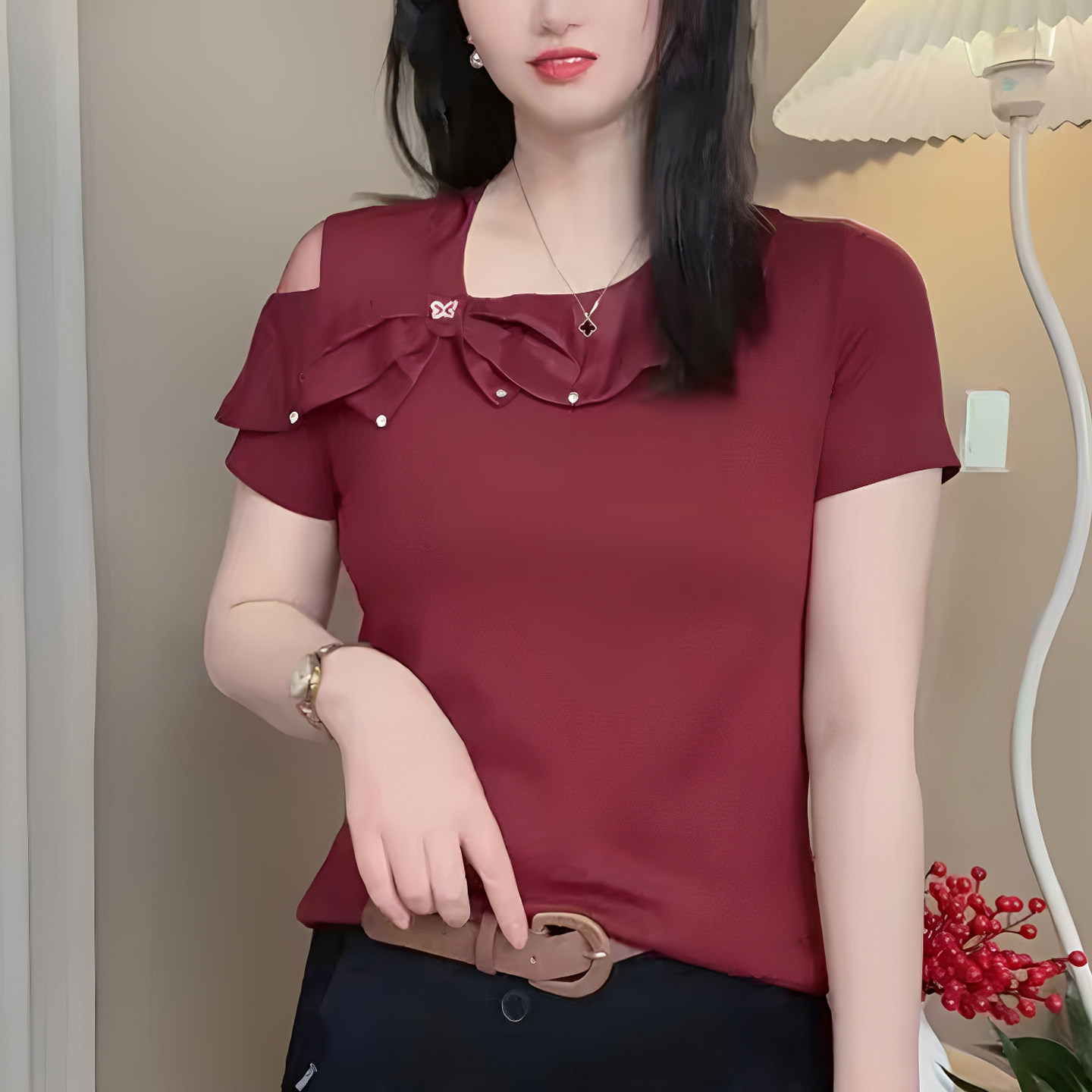 时尚女夏不规则领蝴蝶结短袖小衫