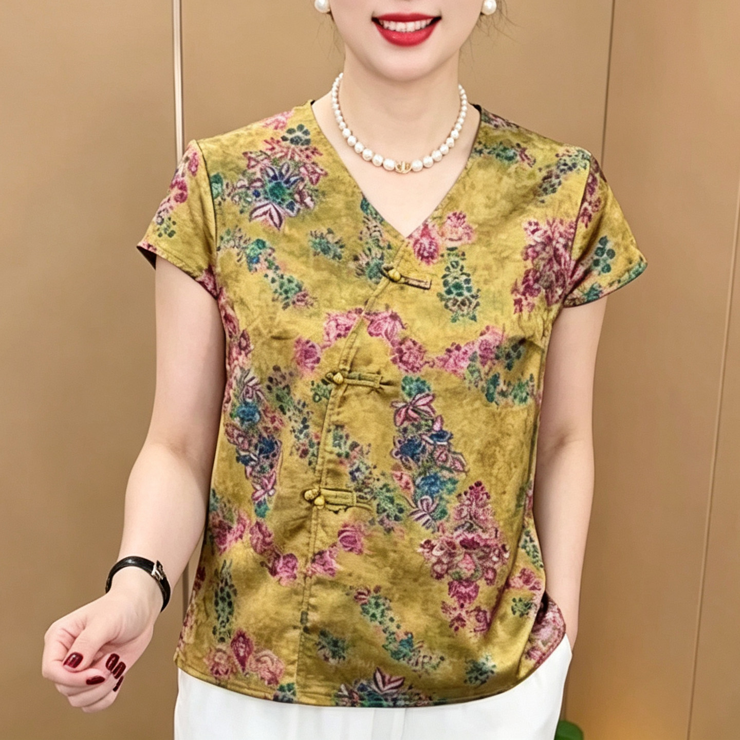 妈妈装夏季中式盘扣斜襟短袖T恤