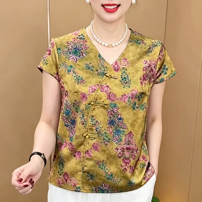 妈妈装夏季中式盘扣斜襟短袖T恤