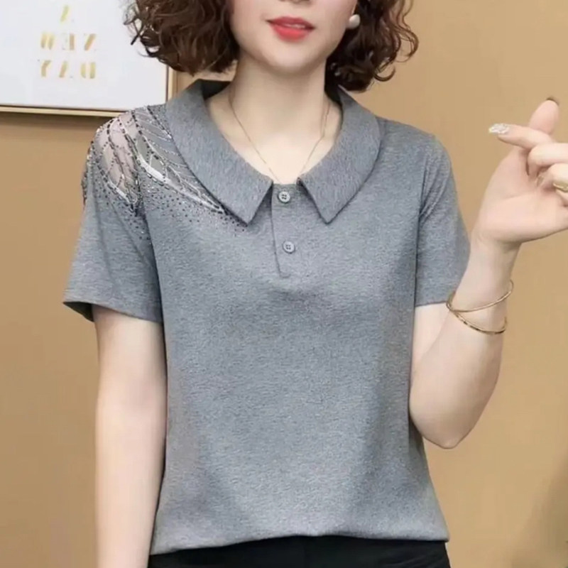 妈妈装夏短袖肩膀镂空娃娃领小衫