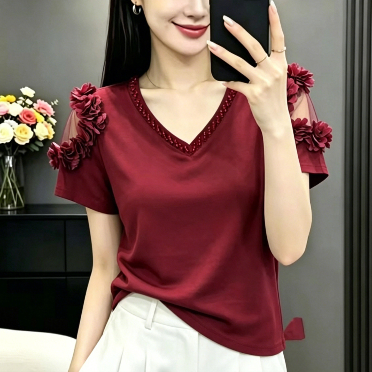 妈妈装夏季V领钉珠肩膀花边镂空短袖小衫时尚女T恤减龄百搭女上衣