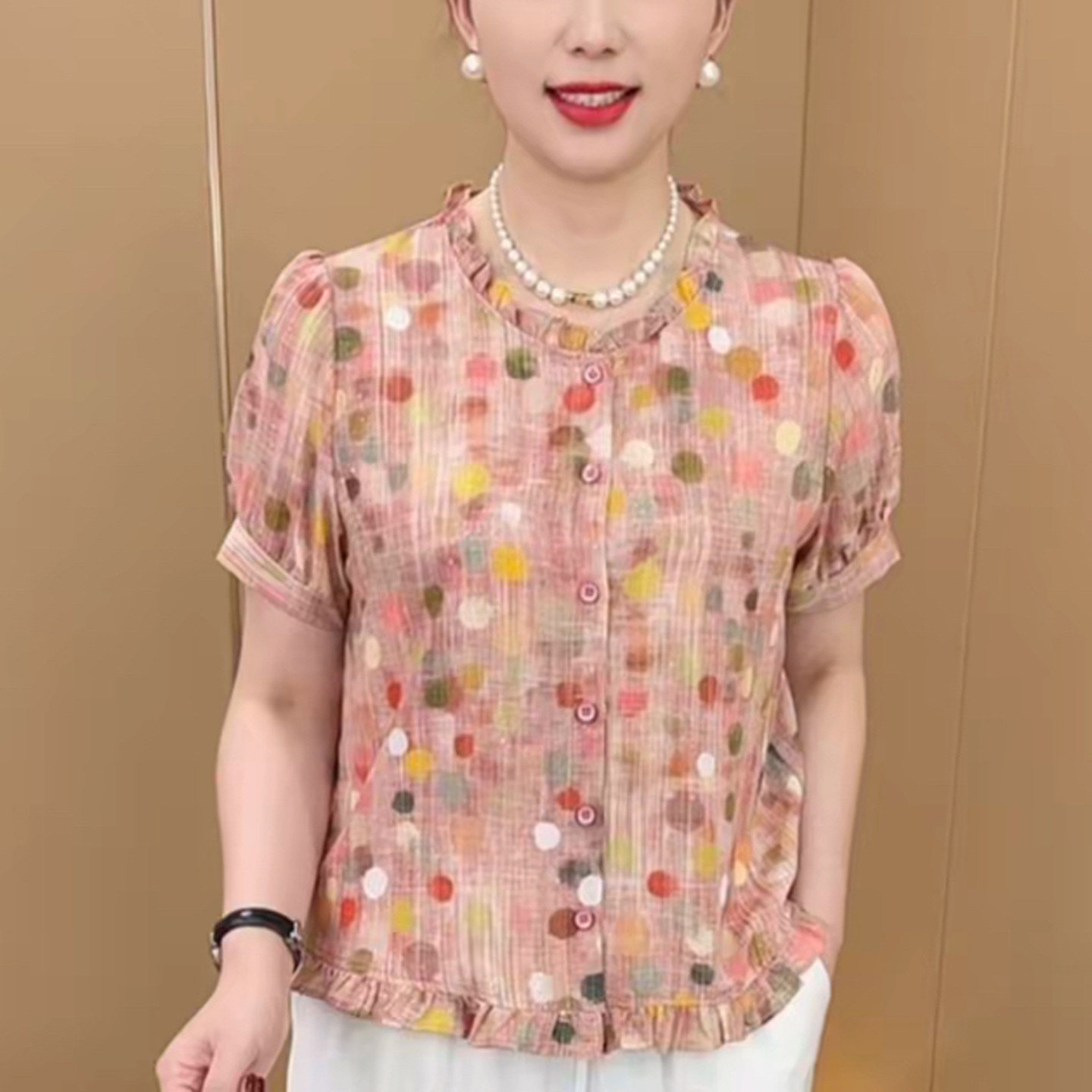 妈妈装圆领木耳边波点印花粉色小衫时尚女夏短袖T恤减龄百搭衬衣