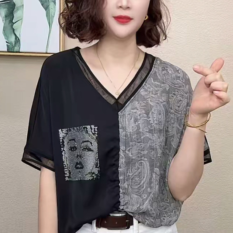时尚女夏V领拼接宽松短袖蝙蝠衫