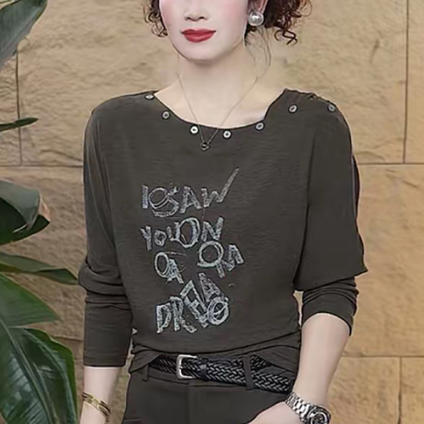 妈妈装秋季蝙蝠衫长袖宽松女T恤