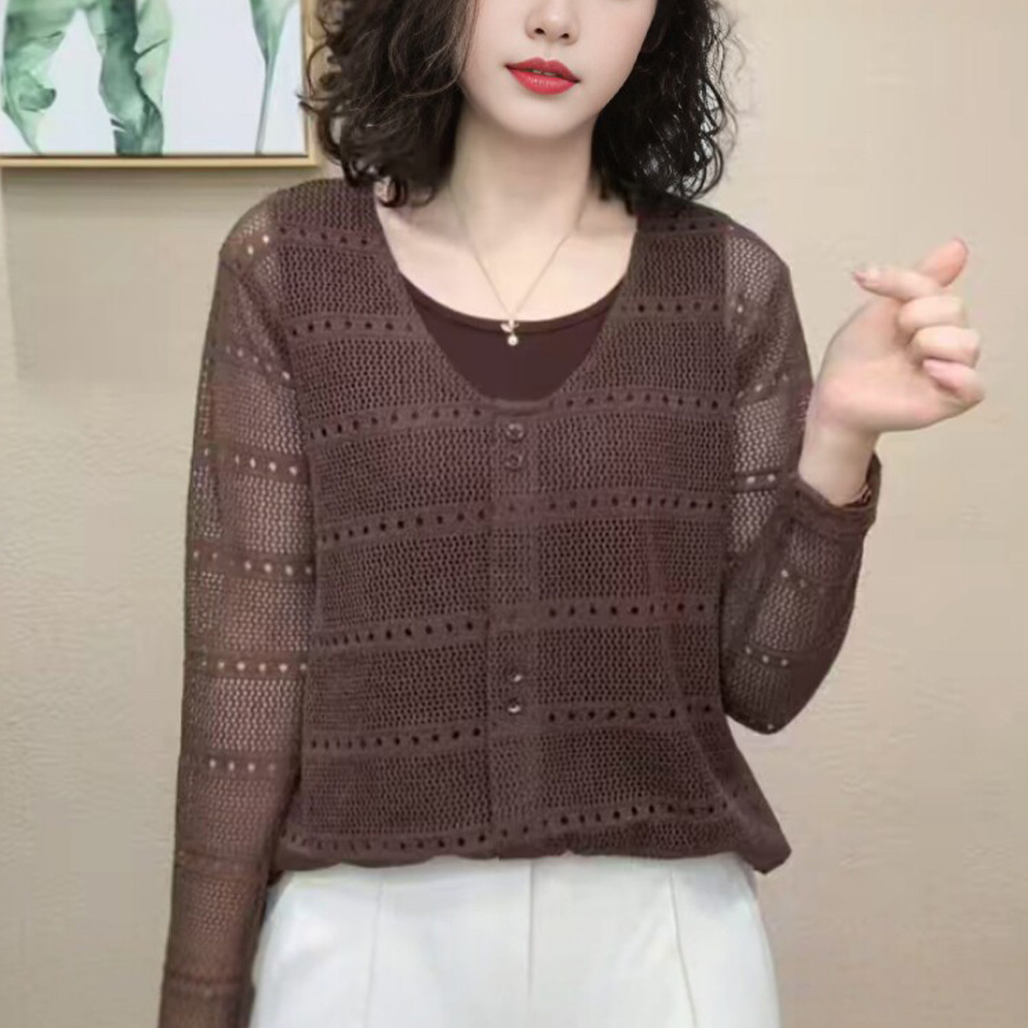 妈妈装早秋镂空假两件长袖女T恤