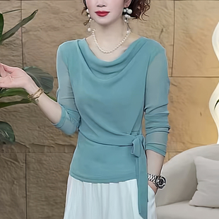 秋季 女洋气T恤百搭打底衫 网纱堆堆领系带长袖 时尚 上衣 小衫 妈妈装