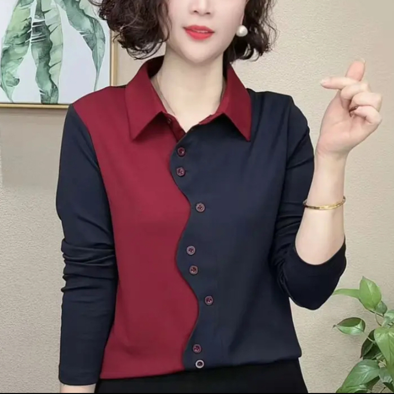 妈妈装撞色波浪门襟显瘦衬衫打底衫时尚女春长袖T恤减龄百搭衬衣