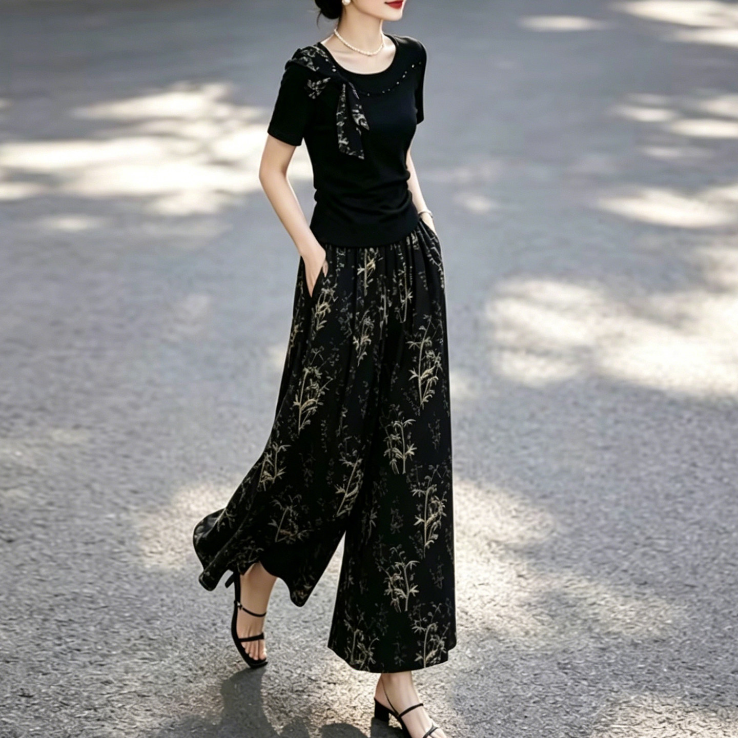 妈妈装夏季蝴蝶结钉珠两件套套装