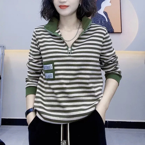 妈妈装春季拉链立领长袖条纹T恤女2023休闲减龄百搭女装休闲卫衣