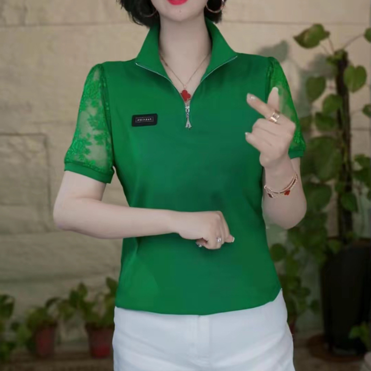 妈妈装夏短袖拉链立领蕾丝袖T恤