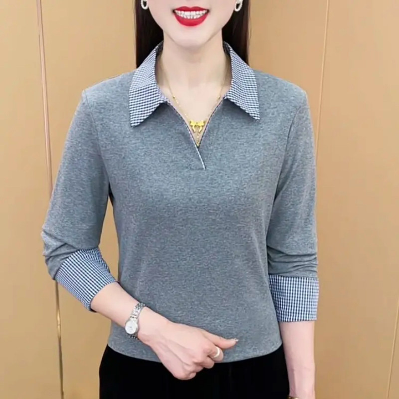 时尚女格子镶色POLO领长袖打底衫