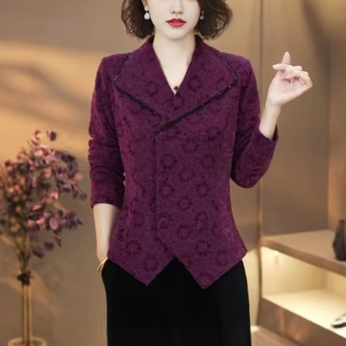 妈妈装冬季植绒加厚蕾丝V领开衫