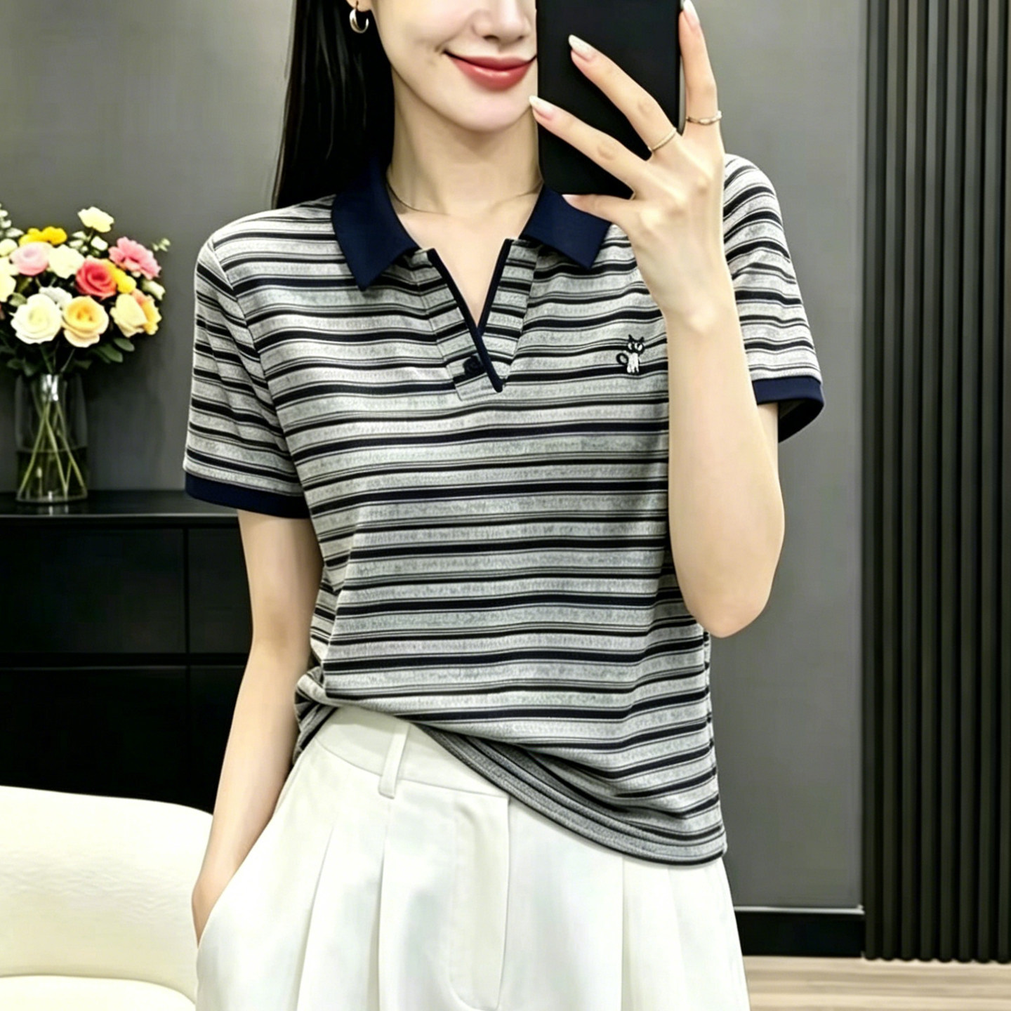 妈妈装夏Polo领条纹短袖休闲T恤