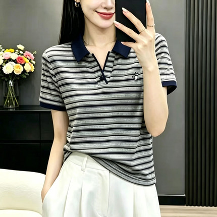 妈妈装Polo领洋气条纹打底衫时尚女装夏季短袖T恤减龄百搭女上衣