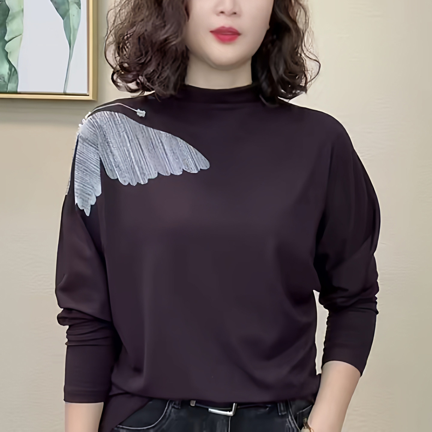 妈妈装秋季半高领蝴蝶印花长袖蝙蝠衫时尚女T恤打底衫气质女上衣