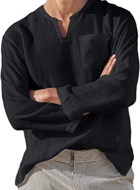 Man shirt 秋季新款欧美男装纯色V领长袖衬衣 休闲宽松舒适衬衣男