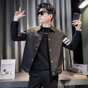 社会小伙短款夹克男潮流韩版上衣矮个子S号XS码条纹修身翻领外套
