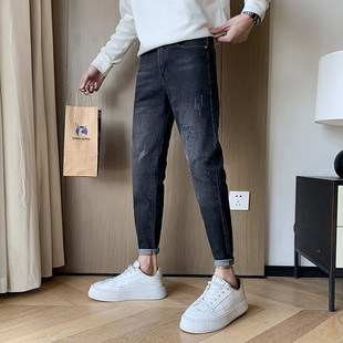 子潮牌弹力紧身显瘦牛仔长裤 春秋26码 男刺绣黑裤 小脚裤 160 27修身