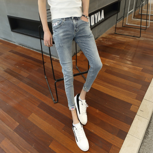 小脚裤 155小个子穿搭小码 潮26号27显瘦修身 子男卷边九分牛仔裤 裤