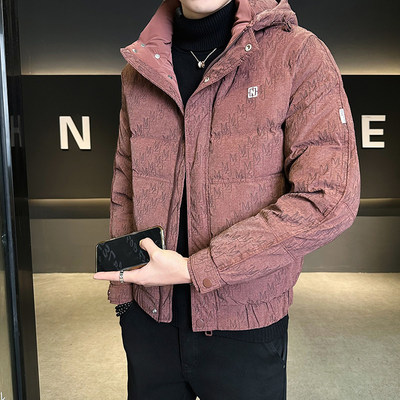 160小个子XS码S修身加厚白鸭羽绒服男连帽潮流字母提花保暖短外套