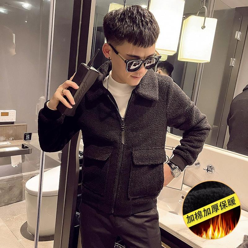 冬季小码加绒厚羊羔毛夹克XS码S修身棉衣潮男棉衣袄保暖短外套155