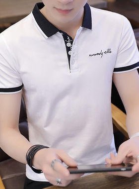 短袖T恤男青少年纯棉修身翻领POLO衫夏季学生男装有领带领上衣服