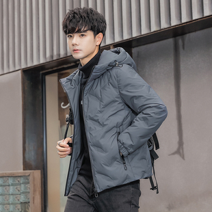 冬季小码男士压花修身连帽羽服绒衣155矮小个子青年S休闲短款外套