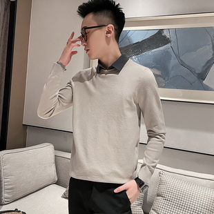 155小码S号修身针织衫潮流青年小伙毛线衣男生衬衫领假两件打底衫