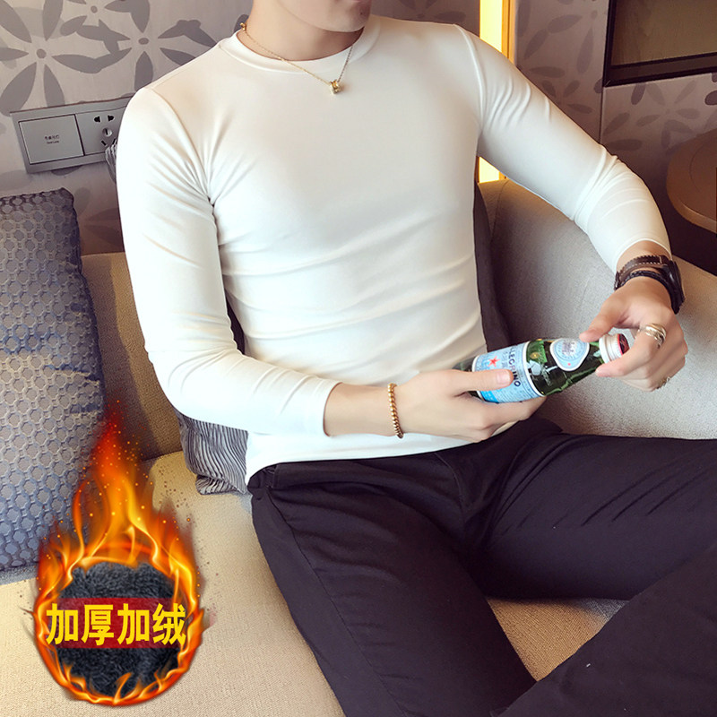 冬季小码加绒纯色圆领长袖T恤男XS码S号修身内搭秋上衣打底衫155