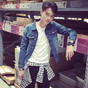 春秋小码修身纯色牛仔夹克XS码矮个子修身牛仔外套短款衣服男155