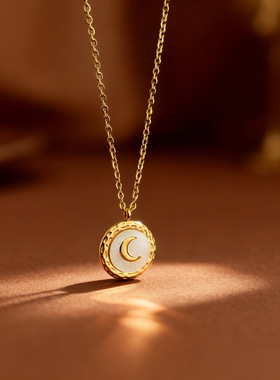 简约月亮圆牌钛钢项链女款小众气质轻奢ins高级感百搭锁骨链1276