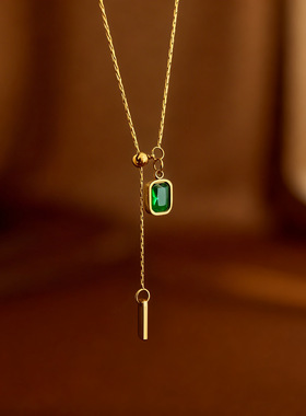 抽拉式可调流苏绿色方牌吊坠项链女气质百搭轻奢高级感锁骨链942