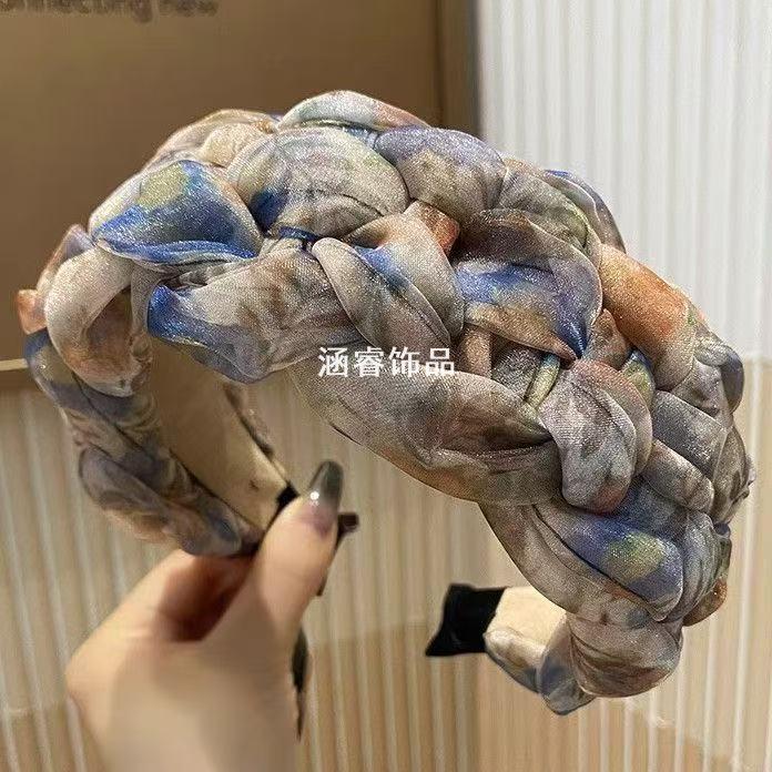 春夏新款彩色欧根纱宽边麻花辫发箍甜美百搭时尚海滩配饰发卡头箍