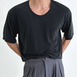 松弛感u型拉领t恤男丝光棉冰丝宽松短袖大领口轻薄凉薄速干运动衫
