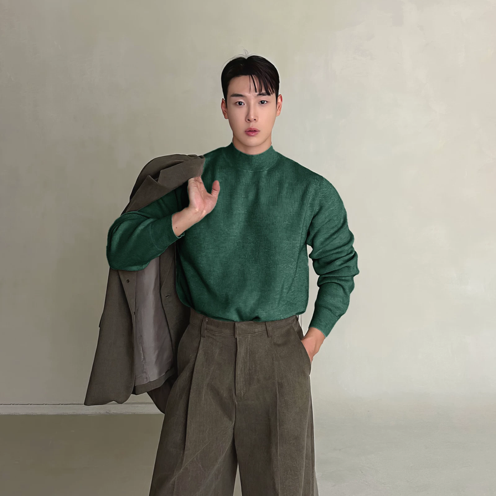 绿色包芯纱针织衫半高领长袖卫衣