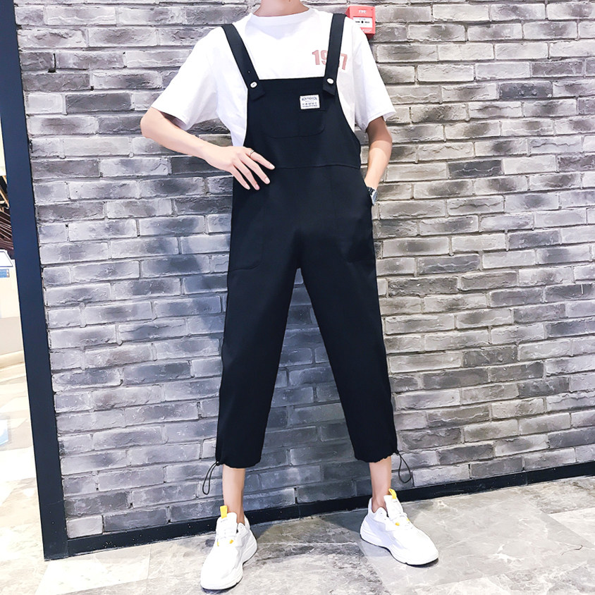 ins背带裤男潮直筒韩版连体裤男女情侣bf学生潮流九分工装吊带裤_虎窝淘