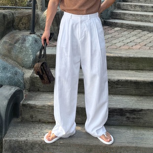 长裤 男宽松直筒工装 薄款 亚麻皱布休闲西装 松紧纽扣 美式 裤 棉麻西裤