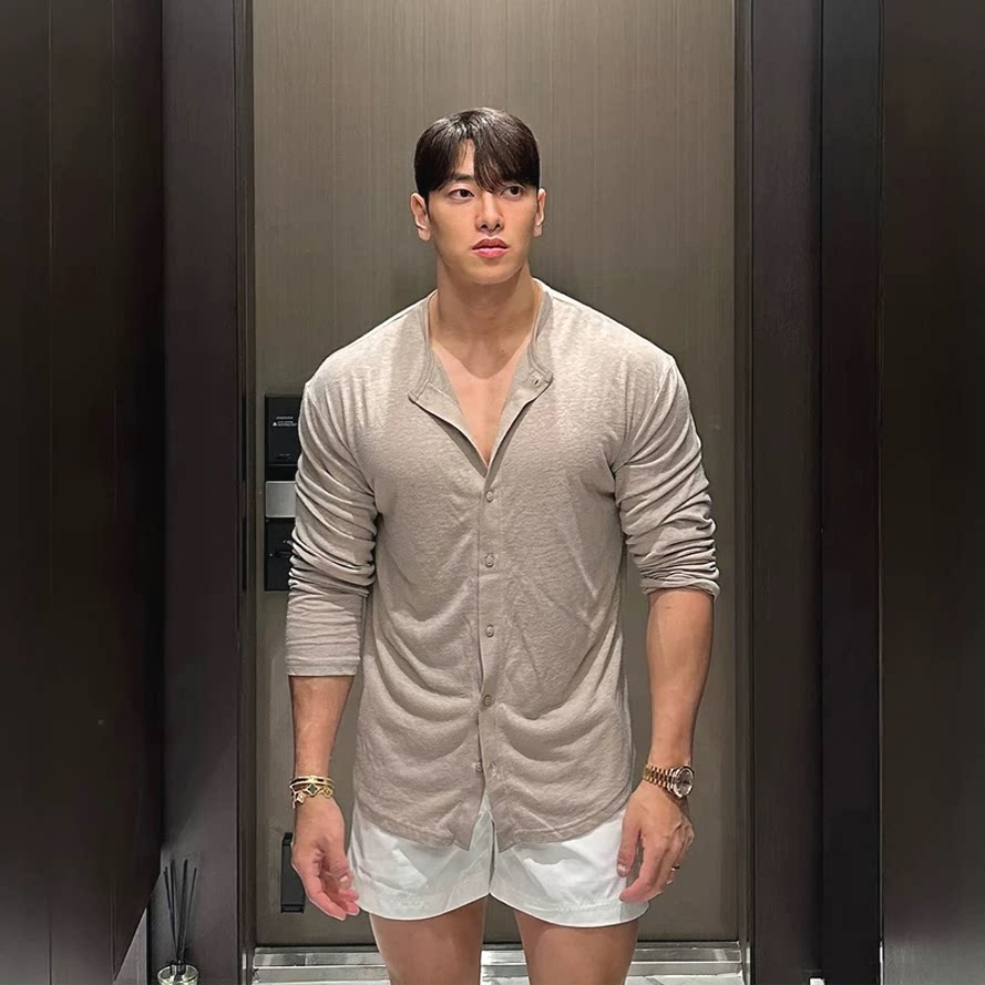 丝光棉冰丝针织开衫男圆领紧身卫衣排扣防晒长袖凉薄微透皮肤衣潮