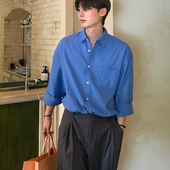 韩系别致亚麻工装 克莱因蓝棉麻衬衫 开衫 chic单口袋长袖 衬衣 男美式