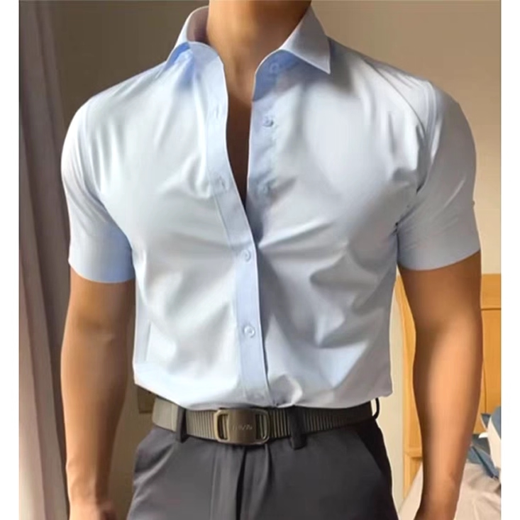 浅蓝色冰丝雪纺衬衫肌肉男修身弹力短袖凉感速干运动衬衣免烫无痕