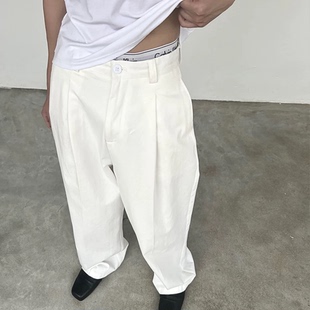 西裤 裤 男免烫宽松直筒长裤 半松紧纽扣休闲西装 法式 高级感白色工装