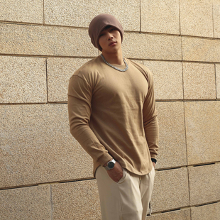 美式纯棉运动t恤男圆弧底修身型长袖卫衣薄款健身服训练透气汗衫