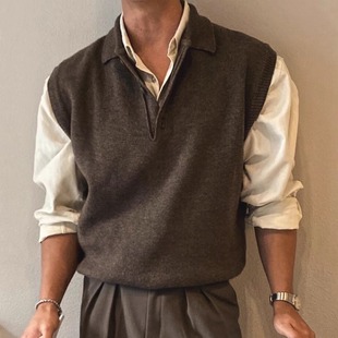卫衣内搭羊毛坎肩马甲潮 背心男polo领针织无袖 美式 假两件叠穿工装