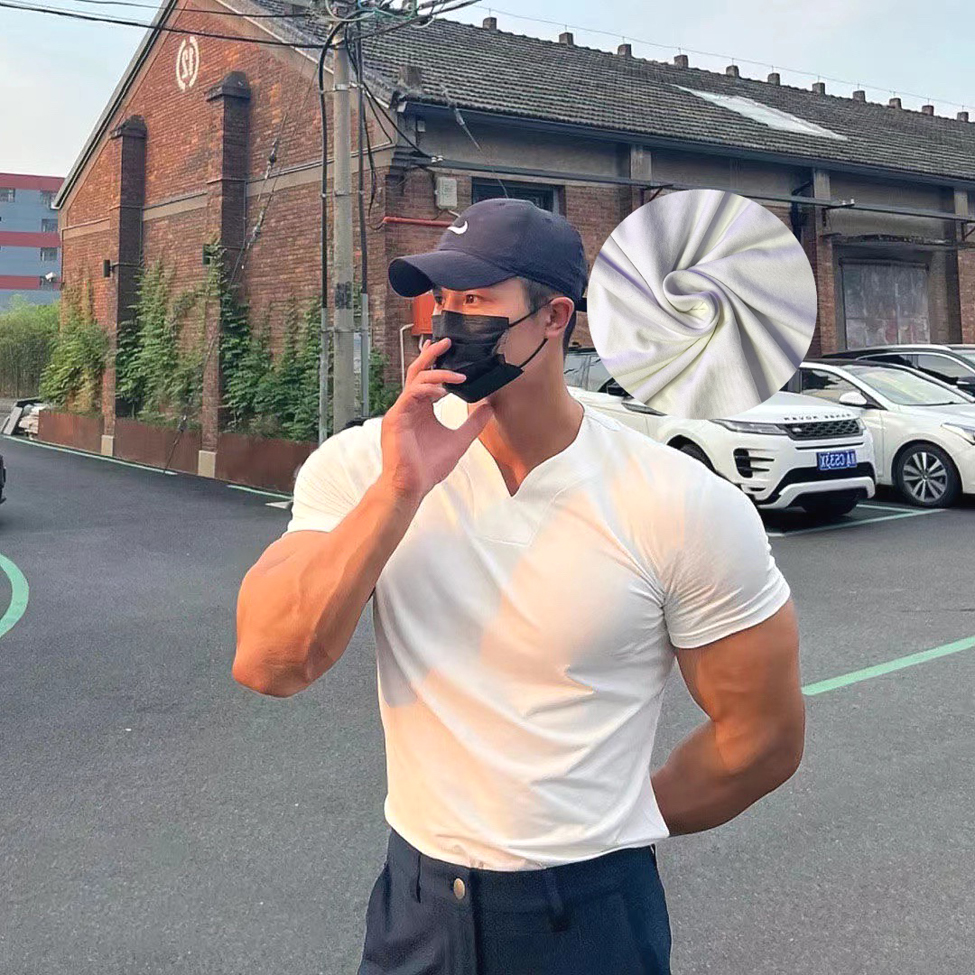 美式硬汉风亨利领t恤男修身弹力短袖健身训练运动体恤v领冰丝速干