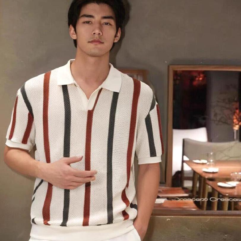 美式撞色条纹镂空针织polo衫男海鸥领短袖卫衣丝光棉冰丝叠领t恤