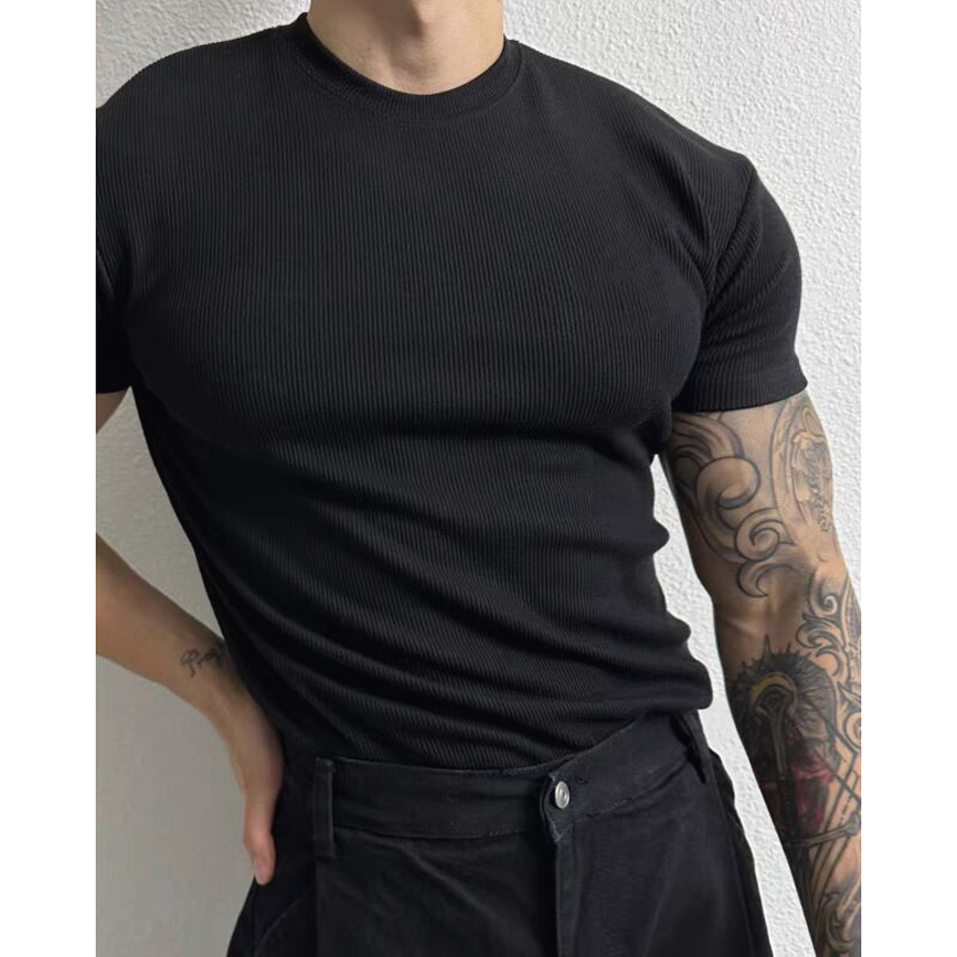 冰丝螺纹t恤肌肉修身高弹力短袖